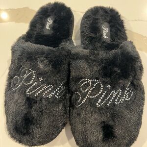 PINK Victoria's Secret Black Furry Slippers